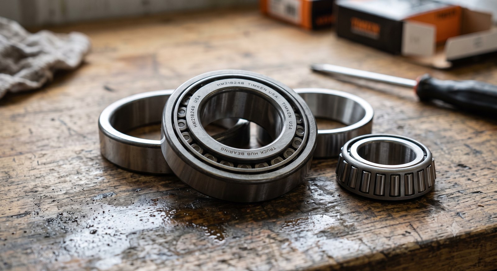 Truck hub bearings and components laid out on a workbench