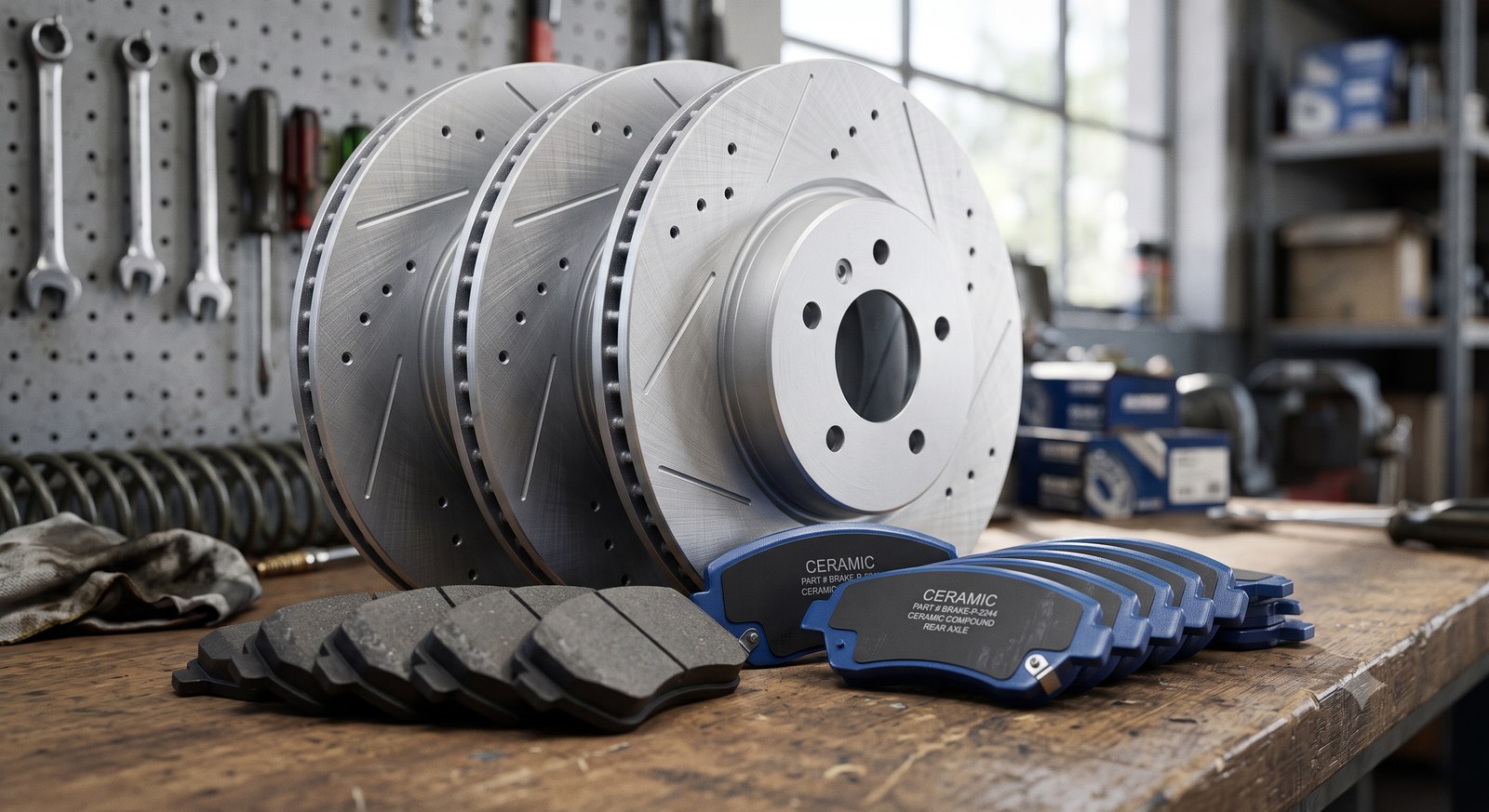 Brake rotors and ceramic brake pads laid out on a workshop bench