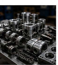 Precision-machined truck engine parts laid out on a workshop table