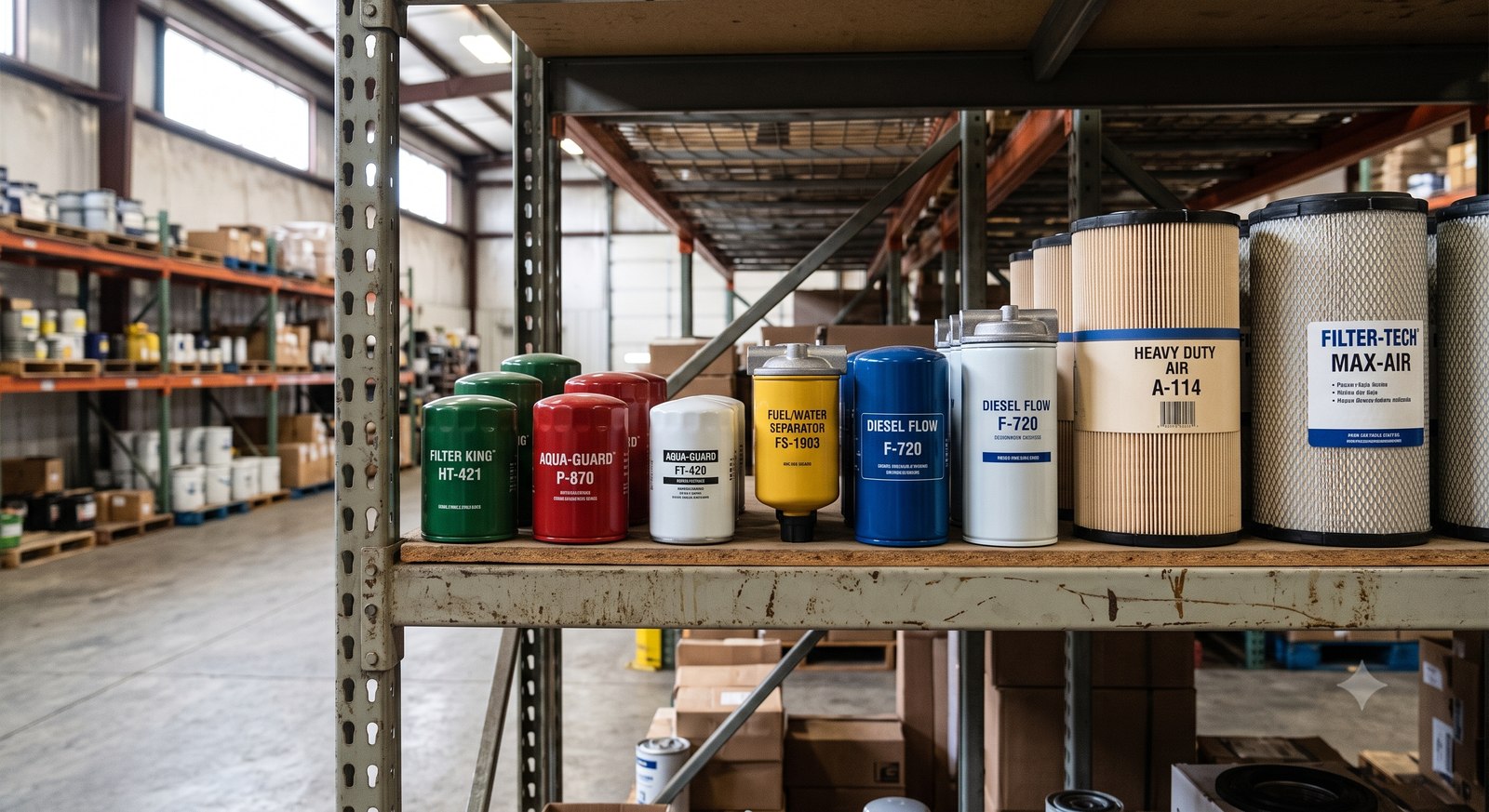 A shelf of oil, fuel, and heavy-duty air filters in a parts warehouse