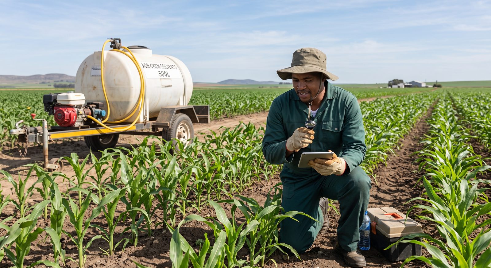 A farm technician checking a tablet beside a towed agricultural chemical sprayer in a maize field