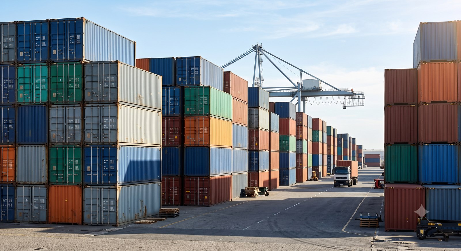 Stacked shipping containers and a gantry crane at a bulk import container yard