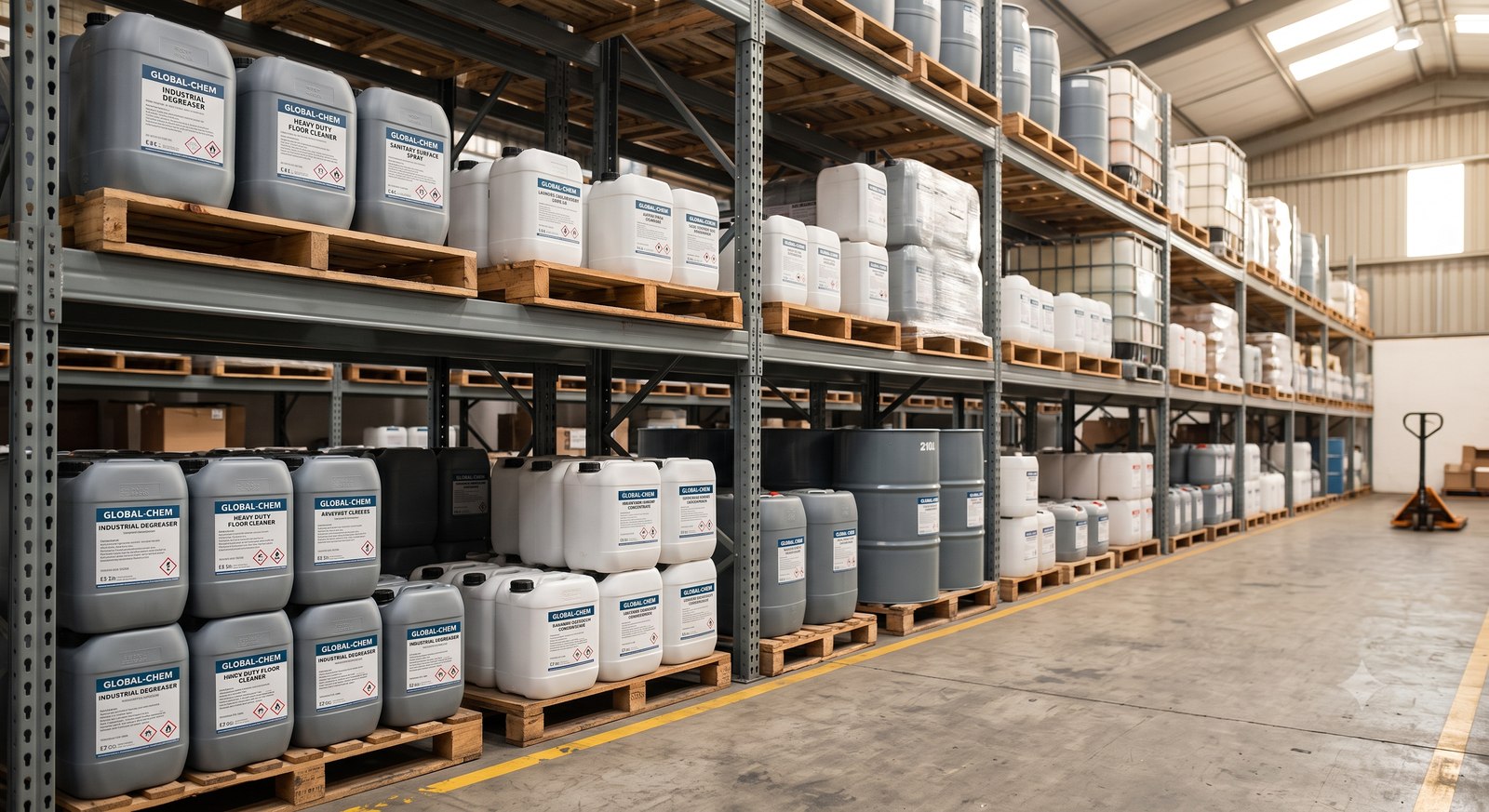 Shelves of industrial degreaser and heavy-duty cleaning chemical containers