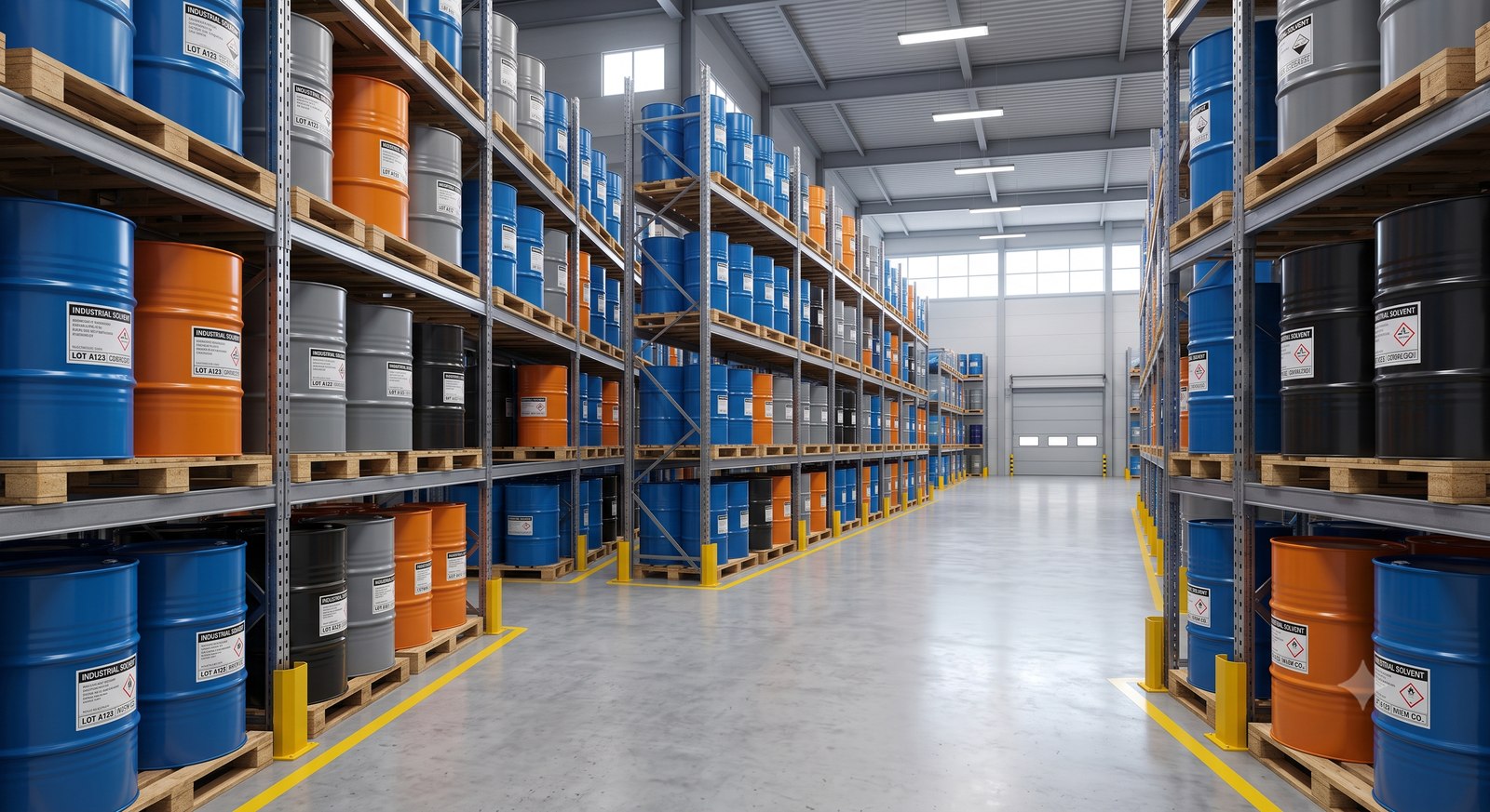 Rows of blue, orange, and grey industrial chemical drums stacked on warehouse racking