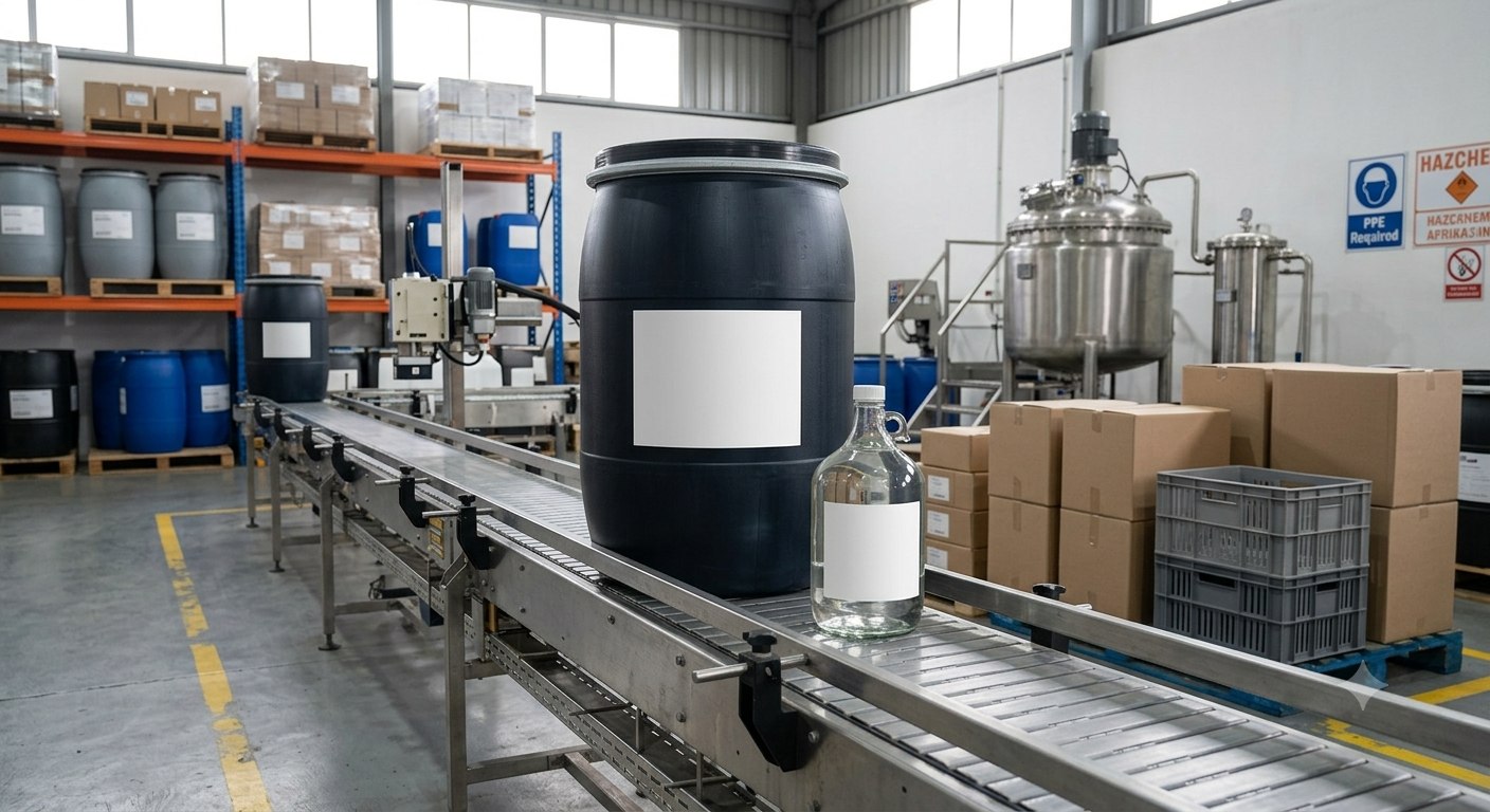 Unlabelled bottles and drums on a production line, ready for private-label branding