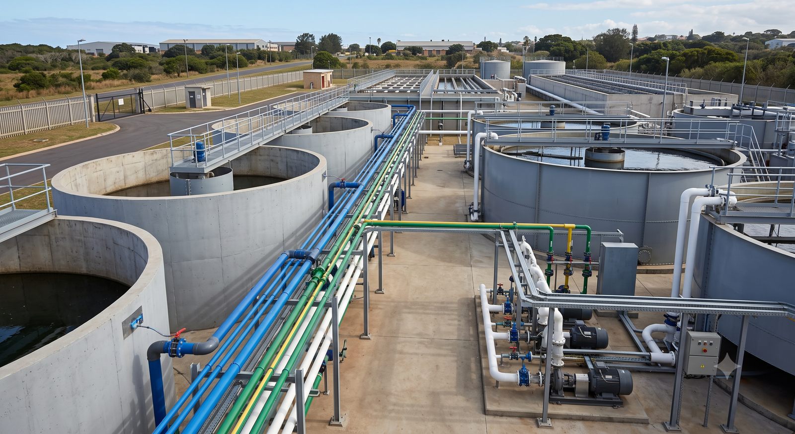 Aerial view of a municipal water-treatment facility with circular clarifier tanks and pipework