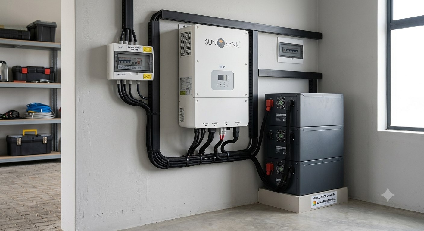 A wall-mounted backup power inverter and battery stack in a home installation