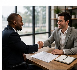 Two businesspeople shaking hands over a signed agreement at a meeting table