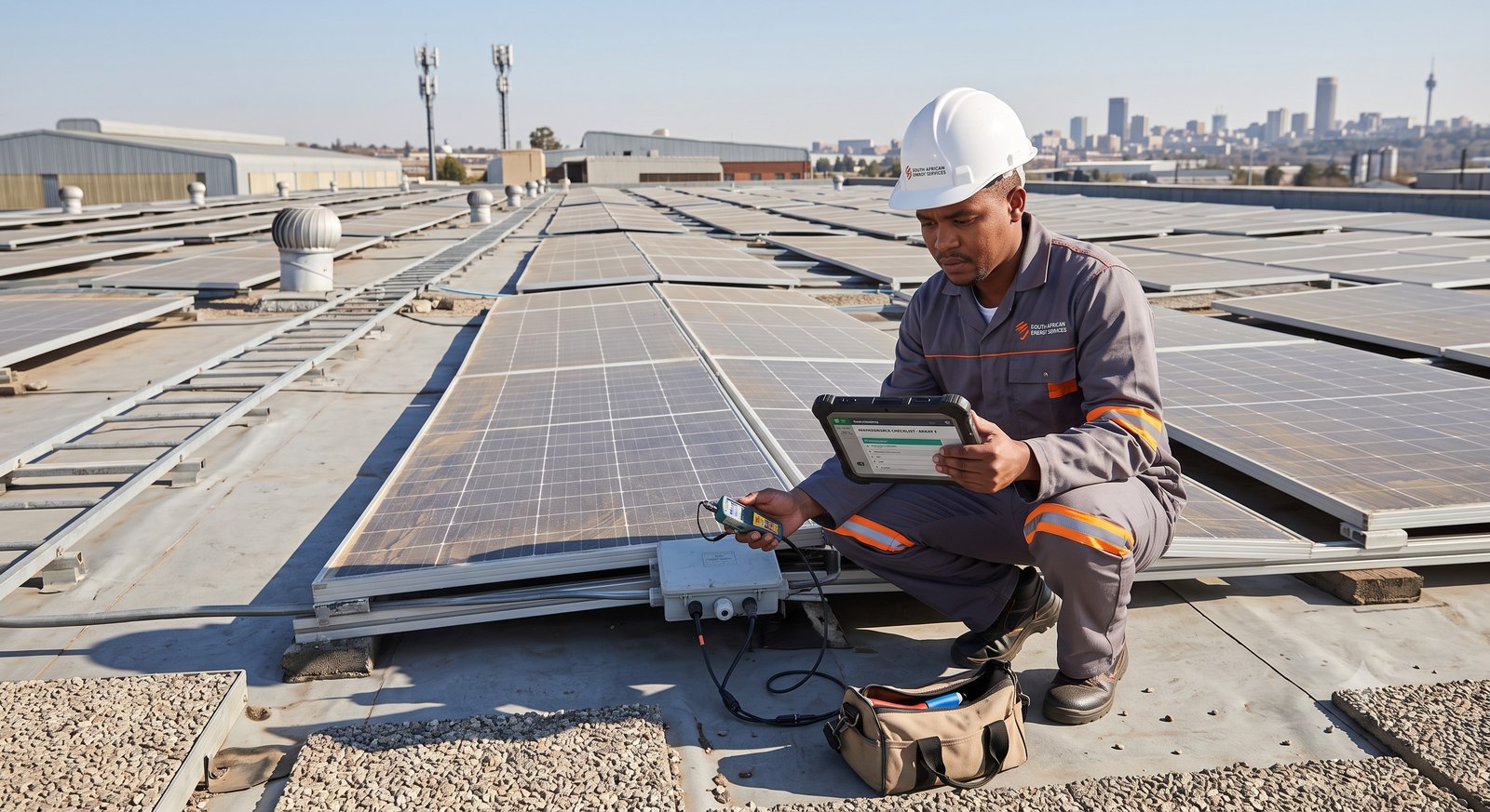 A technician running a diagnostic check on rooftop solar panels with a handheld tablet