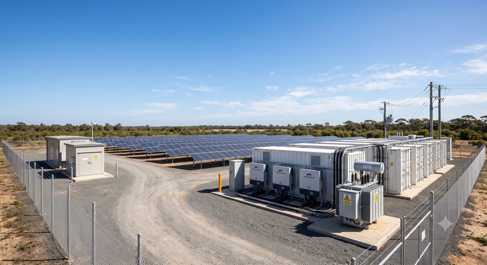 A utility-scale microgrid site with solar arrays and battery storage containers
