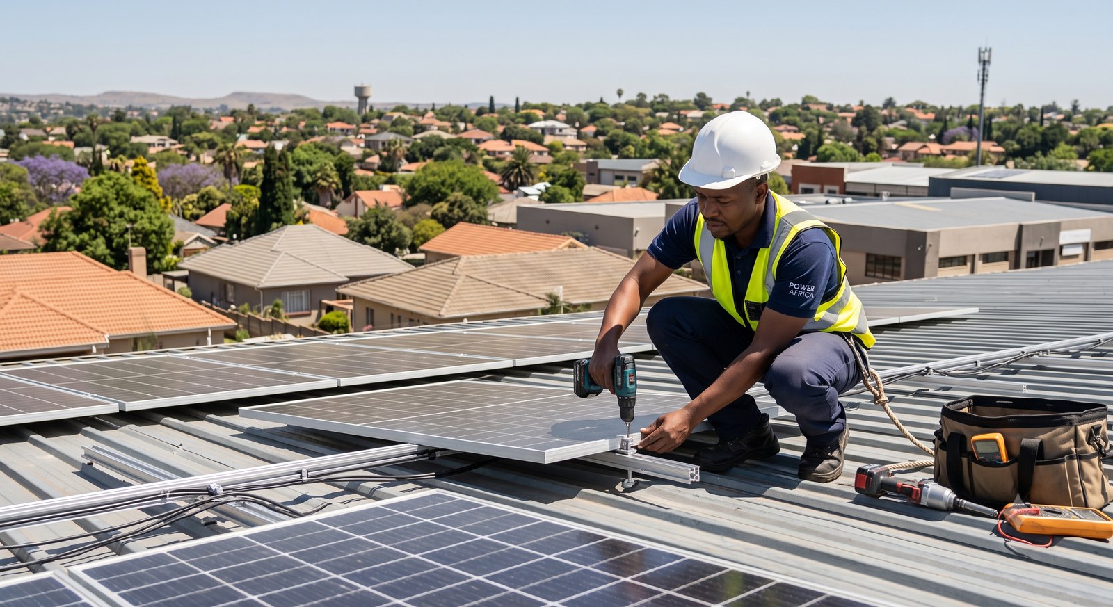 A technician drilling solar panel mounting rails into a residential rooftop
