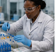 A lab technician in safety glasses preparing drug test sample vials