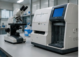 A microscope and automated diagnostic analyser on a laboratory bench