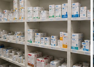 Shelves of labelled medical consumable boxes in a clinic supply room