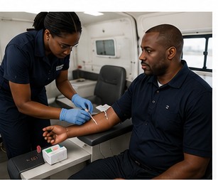 A medical professional drawing a blood sample from a patient inside a mobile testing unit