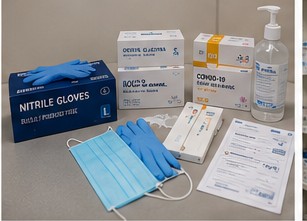 Nitrile gloves, masks, and rapid test kits laid out for clinic supply
