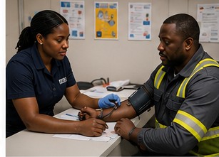 A nurse checking a worker's blood pressure at a workplace health screening
