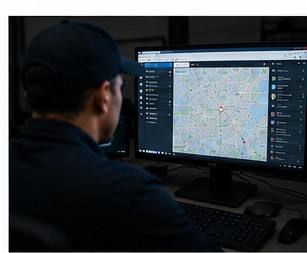 An operator monitoring a live vehicle-tracking map on a control room screen