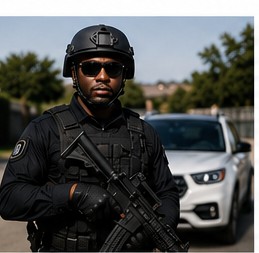An armed response officer in tactical gear on duty beside a vehicle