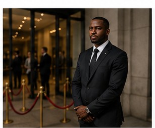 A security officer stationed at the entrance of a business event venue