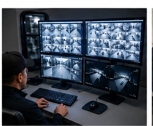 A security operator monitoring a bank of live CCTV camera feeds