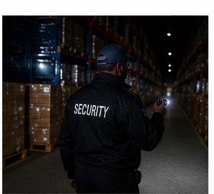A security guard patrolling a dark warehouse aisle lined with palletised stock
