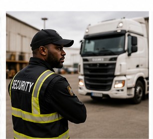 A security officer in a high-visibility jacket watching over a truck at a logistics yard