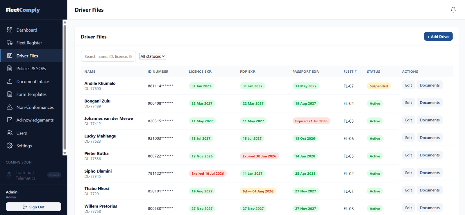 FleetComply driver files showing licence, PDP, and passport expiry dates
