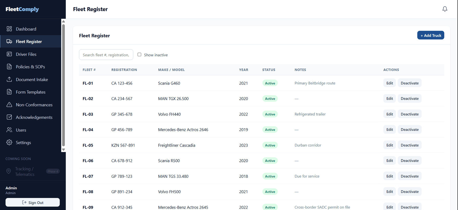 FleetComply fleet register listing trucks with registration, make, model, and status
