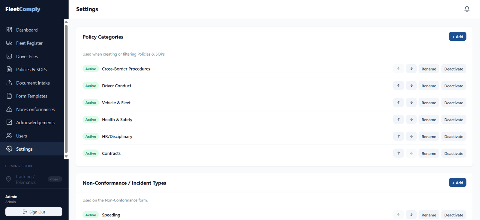 FleetComply settings screen showing configurable policy categories and incident types