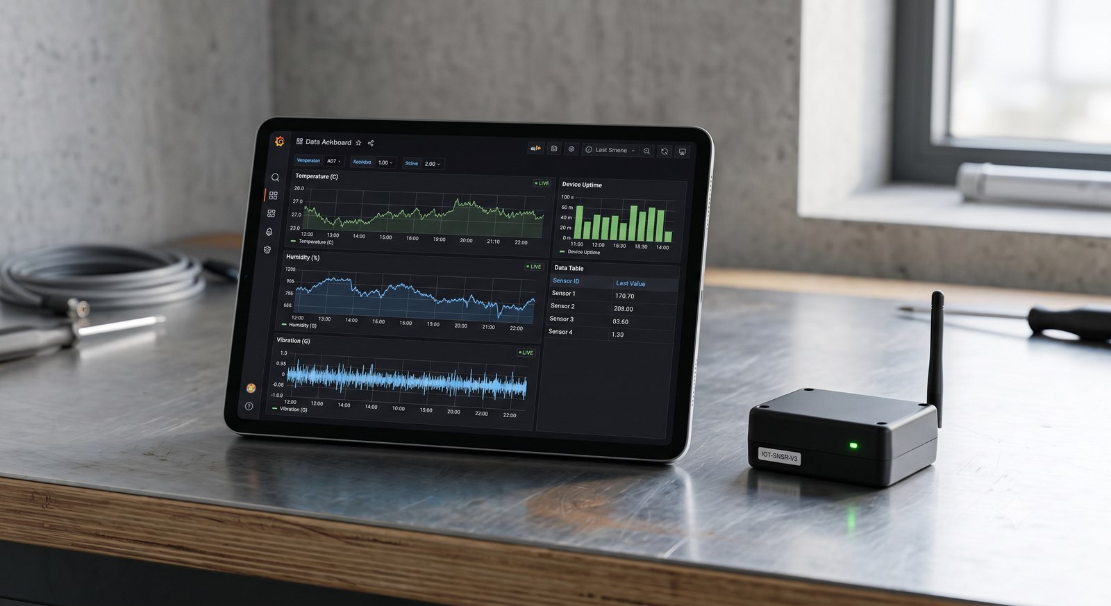A tablet showing a live IoT sensor dashboard next to a wireless sensor unit