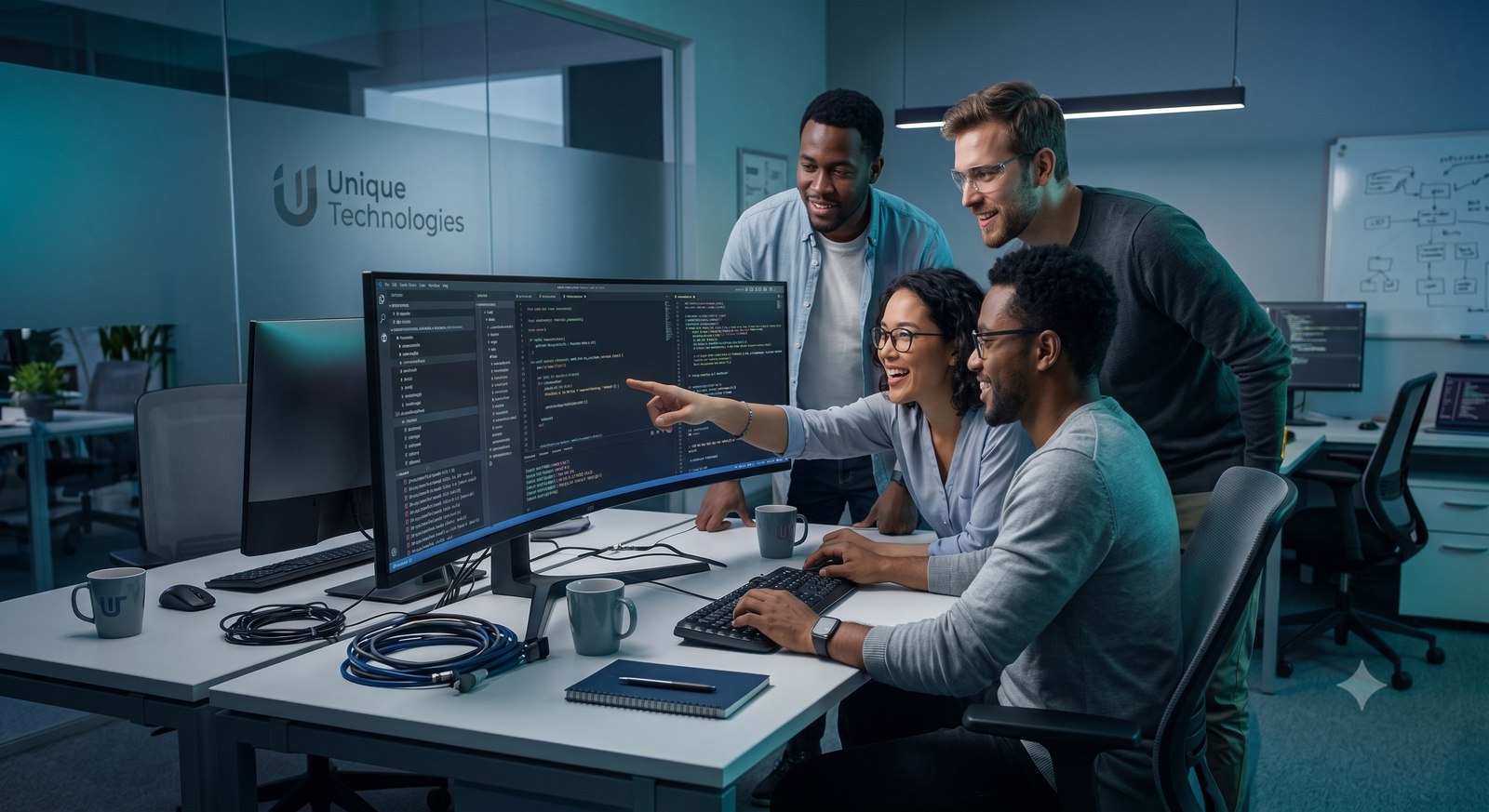 The Unique Technologies development team reviewing code together on a large monitor