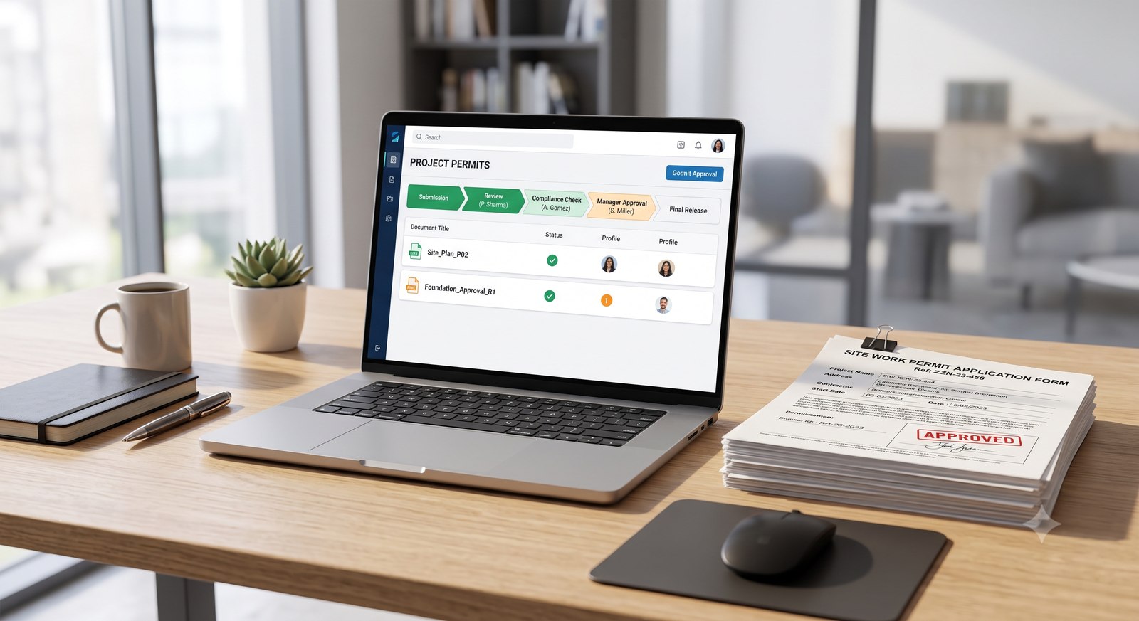 A laptop showing a project permits approval workflow beside a stack of approved paper permits
