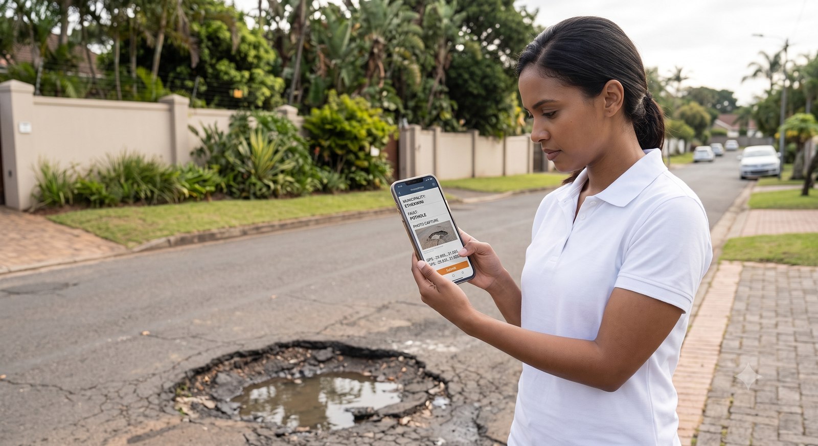 A resident submitting a pothole fault report through a mobile app, standing beside the pothole