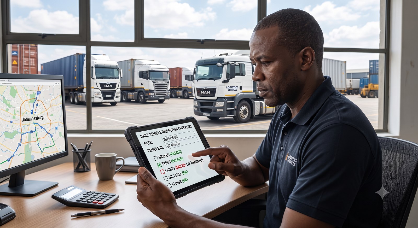 A logistics manager reviewing a fleet vehicle inspection checklist on a tablet with trucks visible outside